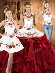 Cute Floor Length Wine Red Quinceanera Dress Organza Sleeveless Embroidery and Ruffles