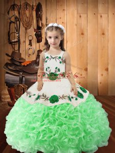 New Arrival Straps Sleeveless Lace Up Kids Formal Wear Green Fabric With Rolling Flowers