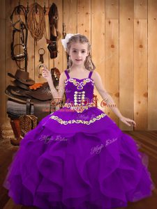 Latest Floor Length Lace Up High School Pageant Dress Eggplant Purple for Party and Sweet 16 and Quinceanera and Wedding Party with Embroidery and Ruffles