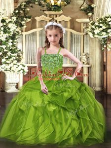 Olive Green Straps Lace Up Beading and Ruffles Pageant Gowns For Girls Sleeveless