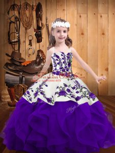 White And Purple Lace Up Straps Embroidery and Ruffles Kids Pageant Dress Organza Sleeveless
