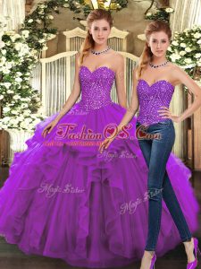 Fancy Purple Lace Up 15 Quinceanera Dress Beading and Ruffles Sleeveless Floor Length