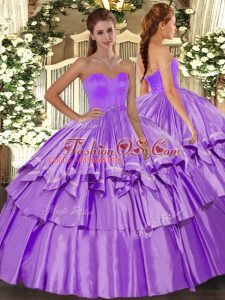 Latest Lilac Organza and Taffeta Lace Up Sweetheart Sleeveless Floor Length Sweet 16 Dress Beading and Ruffled Layers