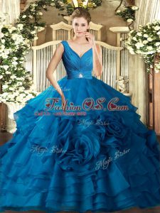 Ball Gowns 15 Quinceanera Dress Blue V-neck Organza Sleeveless Floor Length Backless