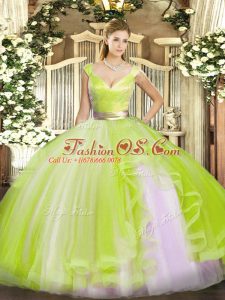 Sleeveless Tulle Floor Length Zipper 15 Quinceanera Dress in Yellow Green with Beading and Ruffles