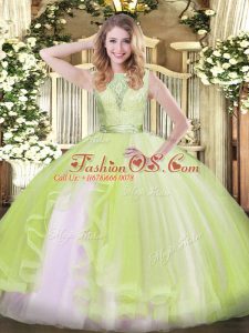 Yellow Green Organza Backless Scoop Sleeveless Floor Length Vestidos de Quinceanera Lace and Ruffles