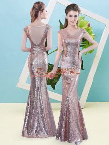 Cap Sleeves Floor Length Sequins Zipper Prom Evening Gown with Gold