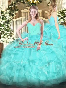 Aqua Blue Ball Gowns Spaghetti Straps Sleeveless Organza Floor Length Zipper Ruffles 15 Quinceanera Dress