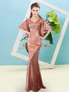 Rust Red V-neck Zipper Sequins Prom Party Dress Half Sleeves