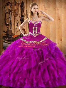 Shining Satin and Organza Sweetheart Sleeveless Lace Up Embroidery and Ruffles Quinceanera Dress in Fuchsia
