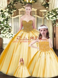 Great Floor Length Gold Quince Ball Gowns Tulle Sleeveless Beading