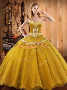 Sweetheart Sleeveless Quince Ball Gowns Floor Length Embroidery Gold Satin and Tulle