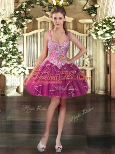 Elegant Fuchsia Sleeveless Beading and Ruffles Mini Length Prom Dresses
