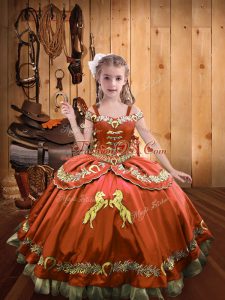 Latest Rust Red Lace Up Off The Shoulder Beading and Embroidery Pageant Dress for Girls Satin Sleeveless