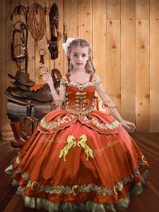 Latest Rust Red Lace Up Off The Shoulder Beading and Embroidery Pageant Dress for Girls Satin Sleeveless