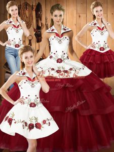 Embroidery and Ruffled Layers Sweet 16 Dresses Wine Red Lace Up Sleeveless With Train Sweep Train