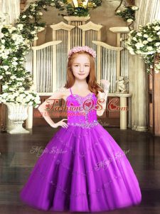 Elegant Fuchsia Lace Up Little Girl Pageant Gowns Beading Sleeveless Floor Length