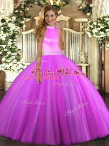 Rose Pink and Lilac Backless Halter Top Beading Quinceanera Dress Tulle Sleeveless