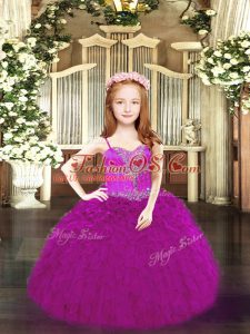 Ball Gowns Pageant Dress for Teens Fuchsia Spaghetti Straps Organza Sleeveless Floor Length Lace Up