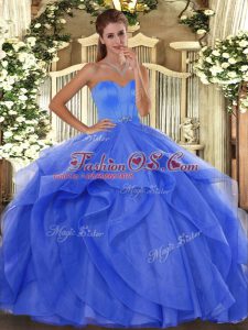 Glittering Blue Lace Up Sweet 16 Quinceanera Dress Beading and Ruffles Sleeveless Floor Length