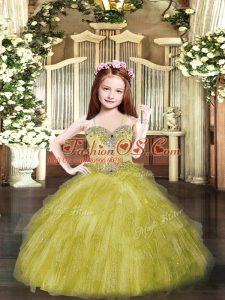 Olive Green Ball Gowns Tulle Spaghetti Straps Sleeveless Beading and Ruffles Floor Length Lace Up Pageant Dress Wholesale