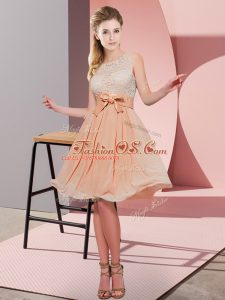 Orange Red Chiffon Side Zipper Bridesmaid Dresses Sleeveless Knee Length Lace and Bowknot