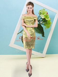 Sumptuous Yellow Column/Sheath Off The Shoulder Short Sleeves Sequined Mini Length Zipper Sequins Evening Dress