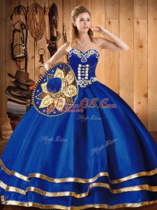 Floor Length Lace Up Quinceanera Gowns Blue for Military Ball and Sweet 16 and Quinceanera with Embroidery