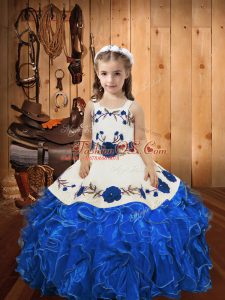 Latest Ball Gowns Little Girls Pageant Gowns Blue Straps Organza Sleeveless Floor Length Lace Up