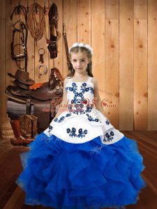 Blue Ball Gowns Embroidery and Ruffles Custom Made Pageant Dress Lace Up Organza Sleeveless Floor Length