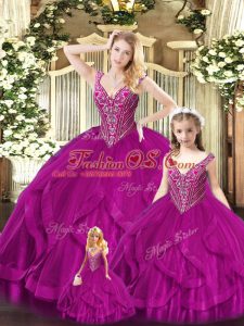 Simple Fuchsia Straps Neckline Beading and Ruffles Sweet 16 Quinceanera Dress Sleeveless Lace Up