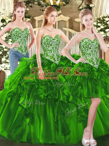 Affordable Dark Green Sleeveless Beading and Ruffles Floor Length Sweet 16 Quinceanera Dress