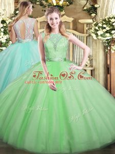 New Arrival Floor Length Backless 15th Birthday Dress Apple Green for Military Ball and Sweet 16 and Quinceanera with Lace