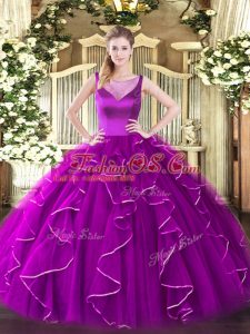 Dynamic Fuchsia Organza Side Zipper Ball Gown Prom Dress Sleeveless Floor Length Beading and Ruffles
