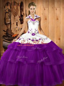 Cute Purple Lace Up Quinceanera Dresses Embroidery and Ruffled Layers Sleeveless Sweep Train