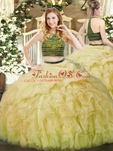 Yellow Green Ball Gowns Organza Halter Top Sleeveless Beading and Ruffles Floor Length Zipper Quinceanera Gown