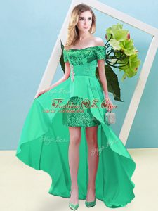 Spectacular Turquoise Off The Shoulder Neckline Beading Homecoming Dress Short Sleeves Lace Up