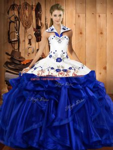 Halter Top Sleeveless Satin and Organza Quinceanera Dresses Embroidery and Ruffles Lace Up