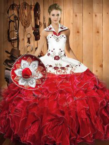 Cheap Halter Top Sleeveless Lace Up 15th Birthday Dress White And Red Satin and Organza