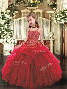 Beautiful Straps Sleeveless Little Girls Pageant Dress Floor Length Beading and Ruffles Red Organza