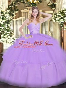 Modern Floor Length Lavender 15th Birthday Dress Organza Sleeveless Beading and Ruffled Layers