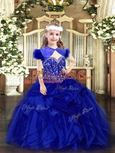Royal Blue Lace Up Straps Beading and Ruffles Glitz Pageant Dress Organza Sleeveless