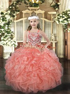 Orange Red Ball Gowns Organza Straps Sleeveless Beading and Ruffles Floor Length Lace Up Child Pageant Dress