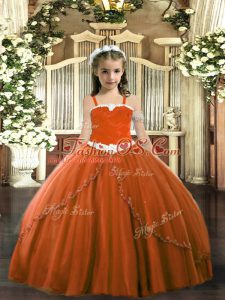 On Sale Rust Red Lace Up Straps Appliques Girls Pageant Dresses Tulle Sleeveless Sweep Train