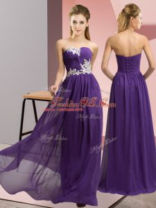 Purple Lace Up Prom Evening Gown Appliques Sleeveless Floor Length