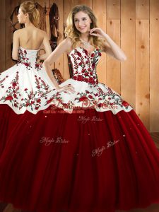 Sleeveless Satin and Tulle Floor Length Lace Up 15th Birthday Dress in Wine Red with Embroidery