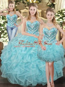 Floor Length Aqua Blue Vestidos de Quinceanera Organza Sleeveless Beading and Ruffles