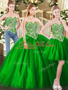 Best Selling Ball Gowns Sweet 16 Dress Green Sweetheart Tulle Sleeveless Floor Length Lace Up