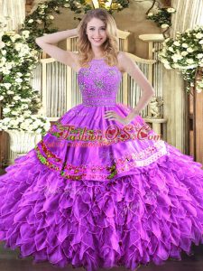 Lilac Ball Gowns Tulle Halter Top Sleeveless Beading and Ruffles and Sequins Floor Length Zipper 15th Birthday Dress