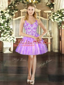 Lilac Straps Neckline Beading and Ruffles Homecoming Dress Sleeveless Lace Up